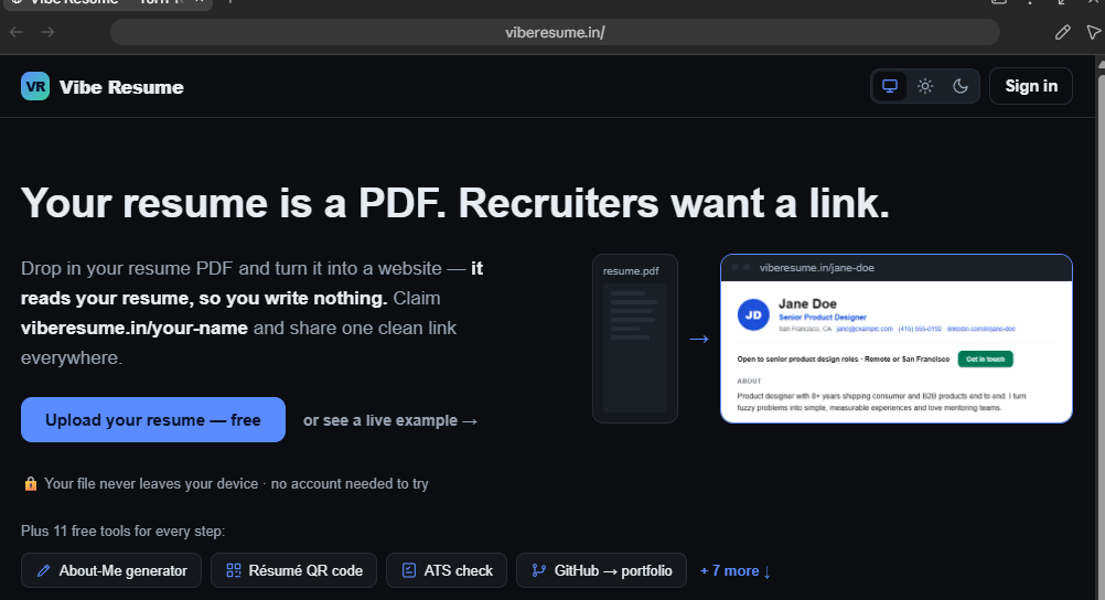 Vibe Resume homepage: turn a resume PDF into a shareable link